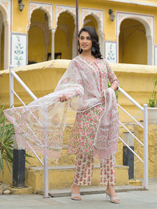 Divena White Cotton Floral Printed Kurta Pant Set with Dupatta