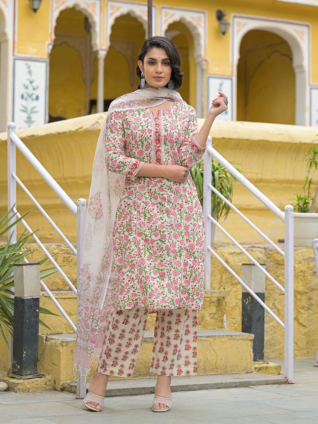 Divena White Cotton Floral Printed Kurta Pant Set with Dupatta