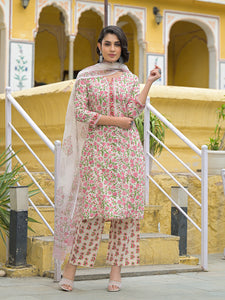 Divena White Cotton Floral Printed Kurta Pant Set with Dupatta
