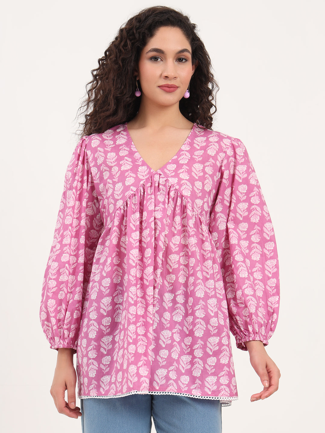 Purple Floral Print Cotton Fabric Regular Peplum Top — view 1