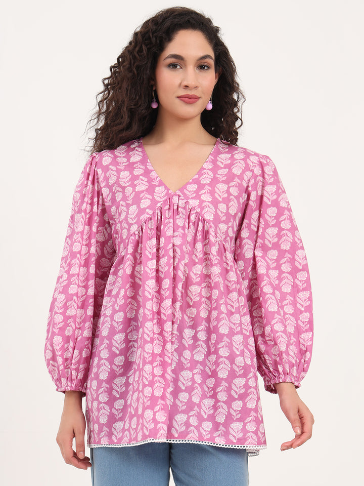 Divena Purple Floral Print Cotton Fabric Regular Peplum Top