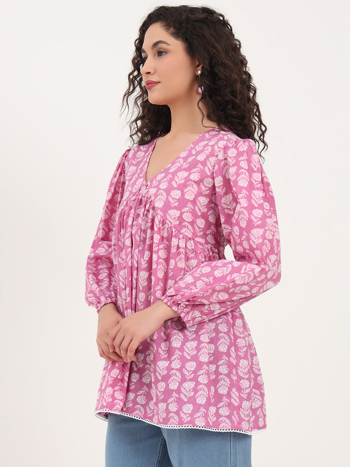 Divena Purple Floral Print Cotton Fabric Regular Peplum Top