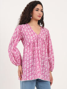 Divena Purple Floral Print Cotton Fabric Regular Peplum Top