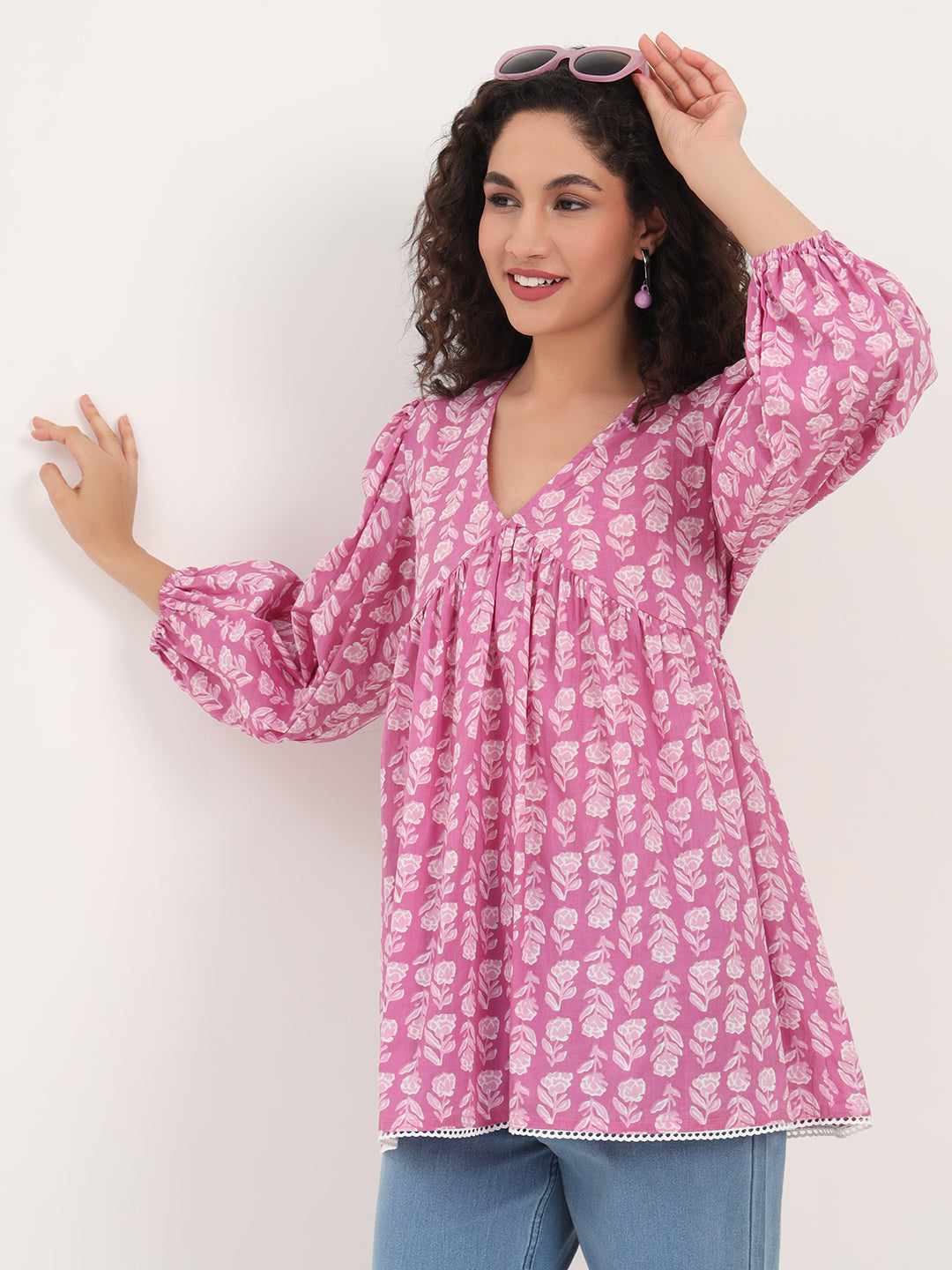 Divena Purple Floral Print Cotton Fabric Regular Peplum Top