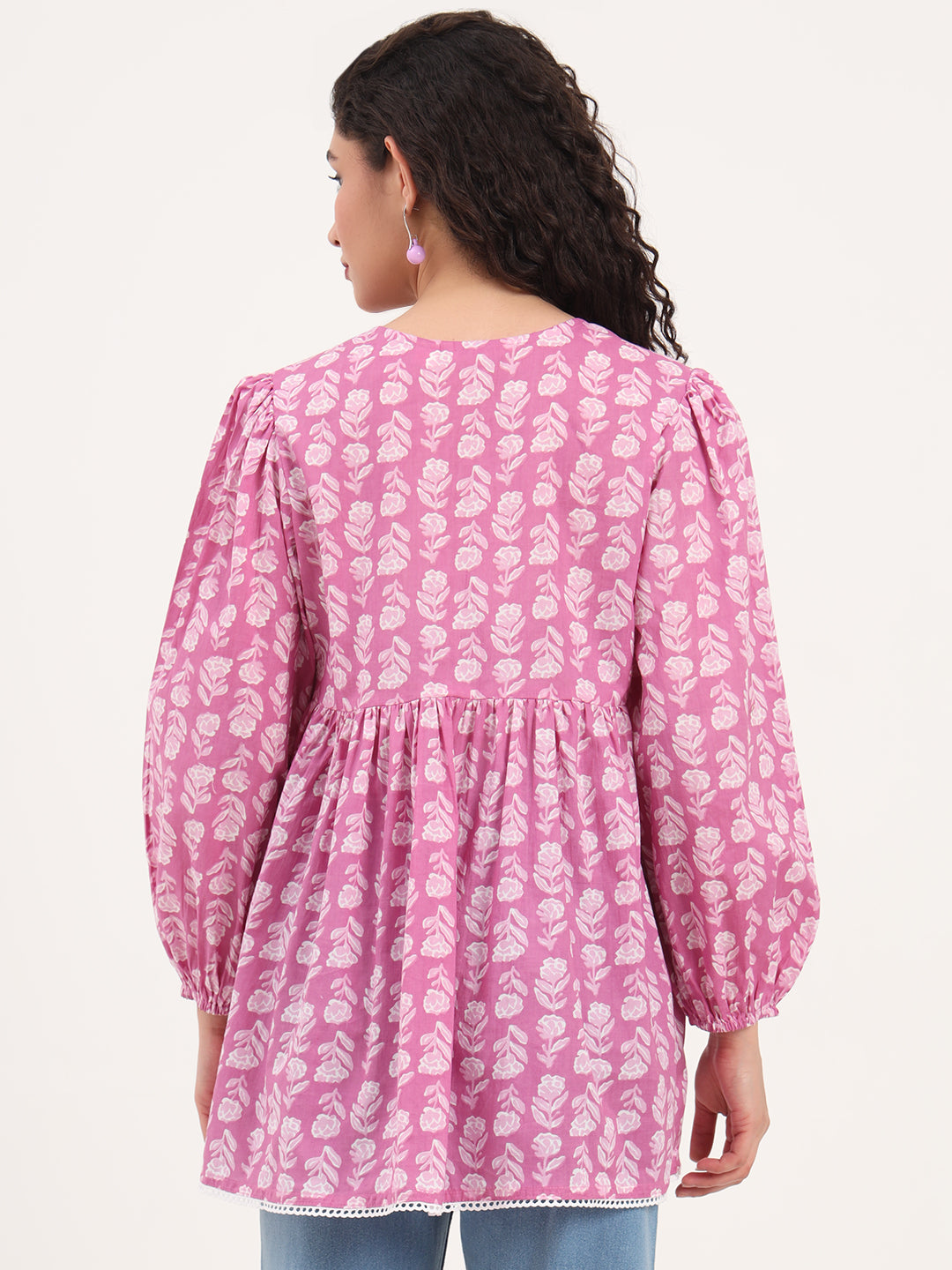Divena Purple Floral Print Cotton Fabric Regular Peplum Top