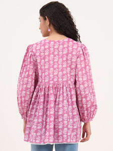 Divena Purple Floral Print Cotton Fabric Regular Peplum Top