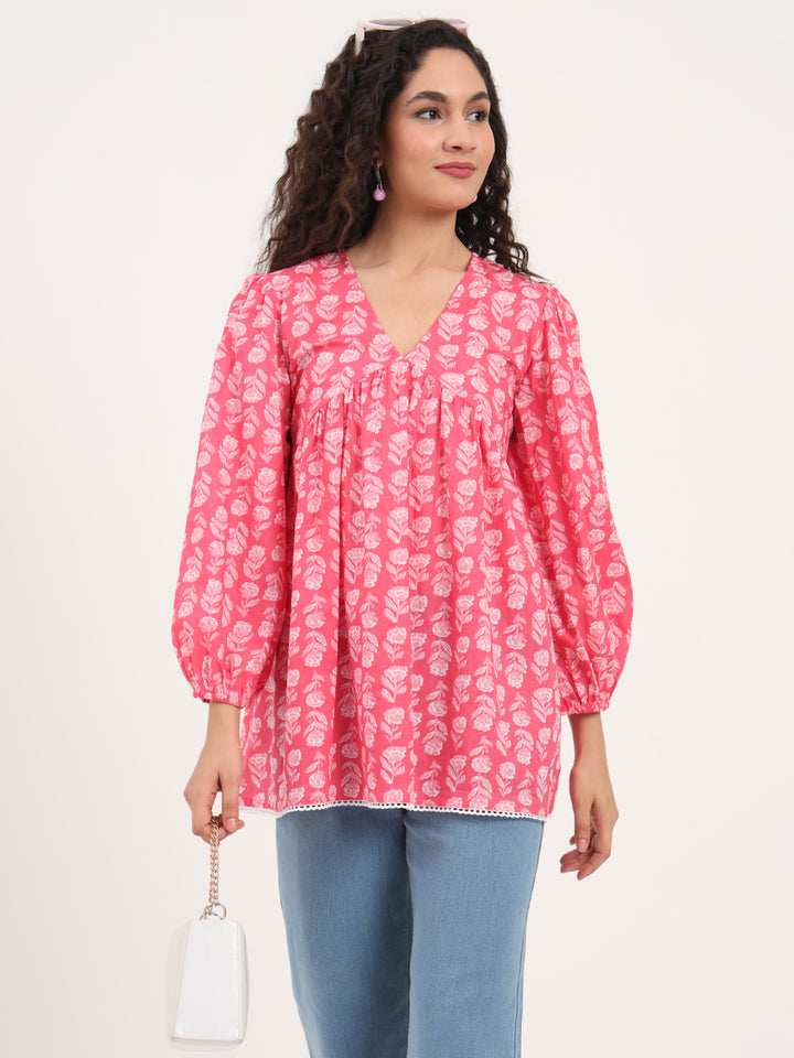 Divena Pink Floral Print Cotton Fabric Regular Peplum Top