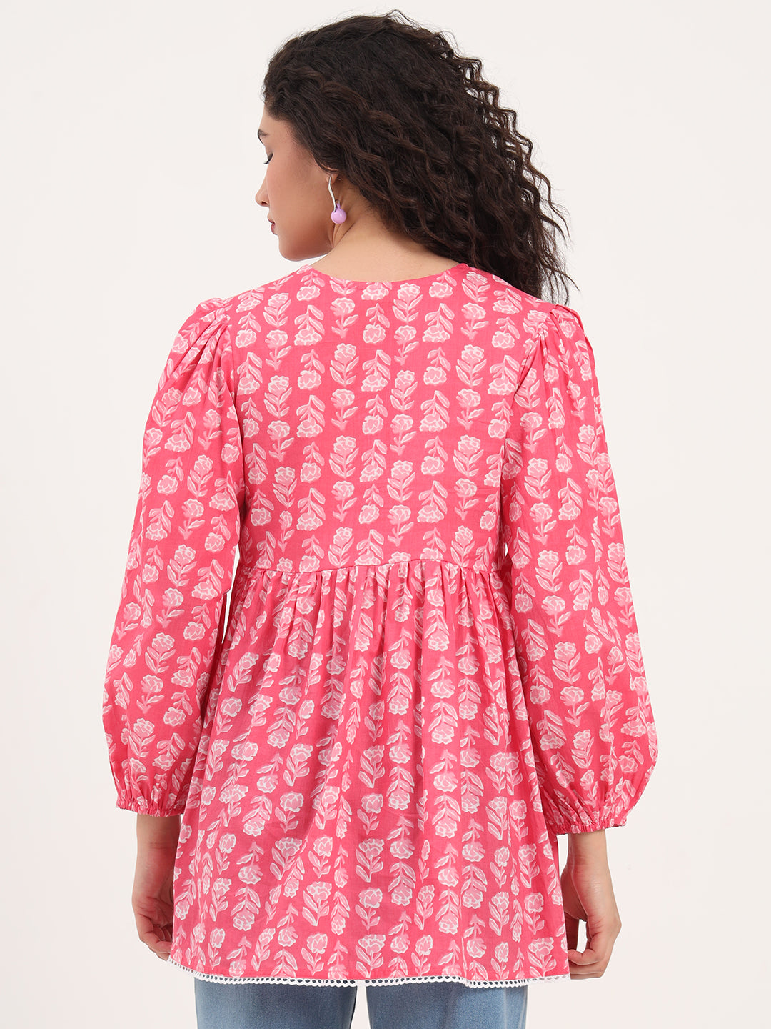 Divena Pink Floral Print Cotton Fabric Regular Peplum Top