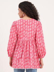 Divena Pink Floral Print Cotton Fabric Regular Peplum Top
