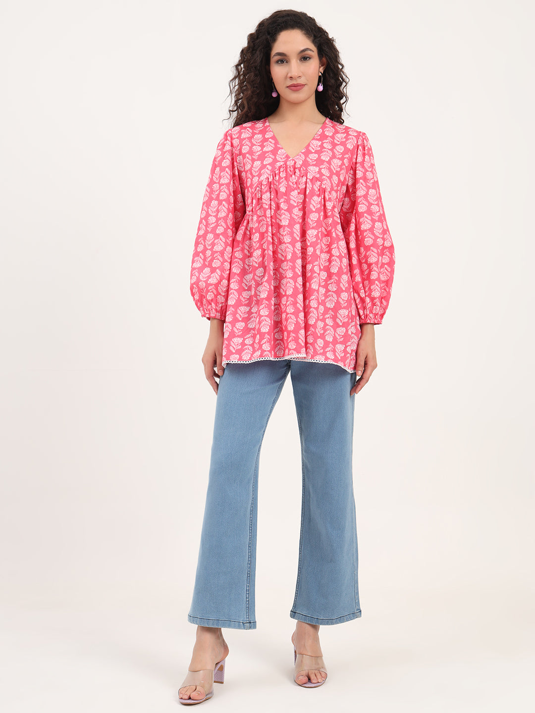 Divena Pink Floral Print Cotton Fabric Regular Peplum Top