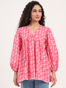 Divena Pink Floral Print Cotton Fabric Regular Peplum Top