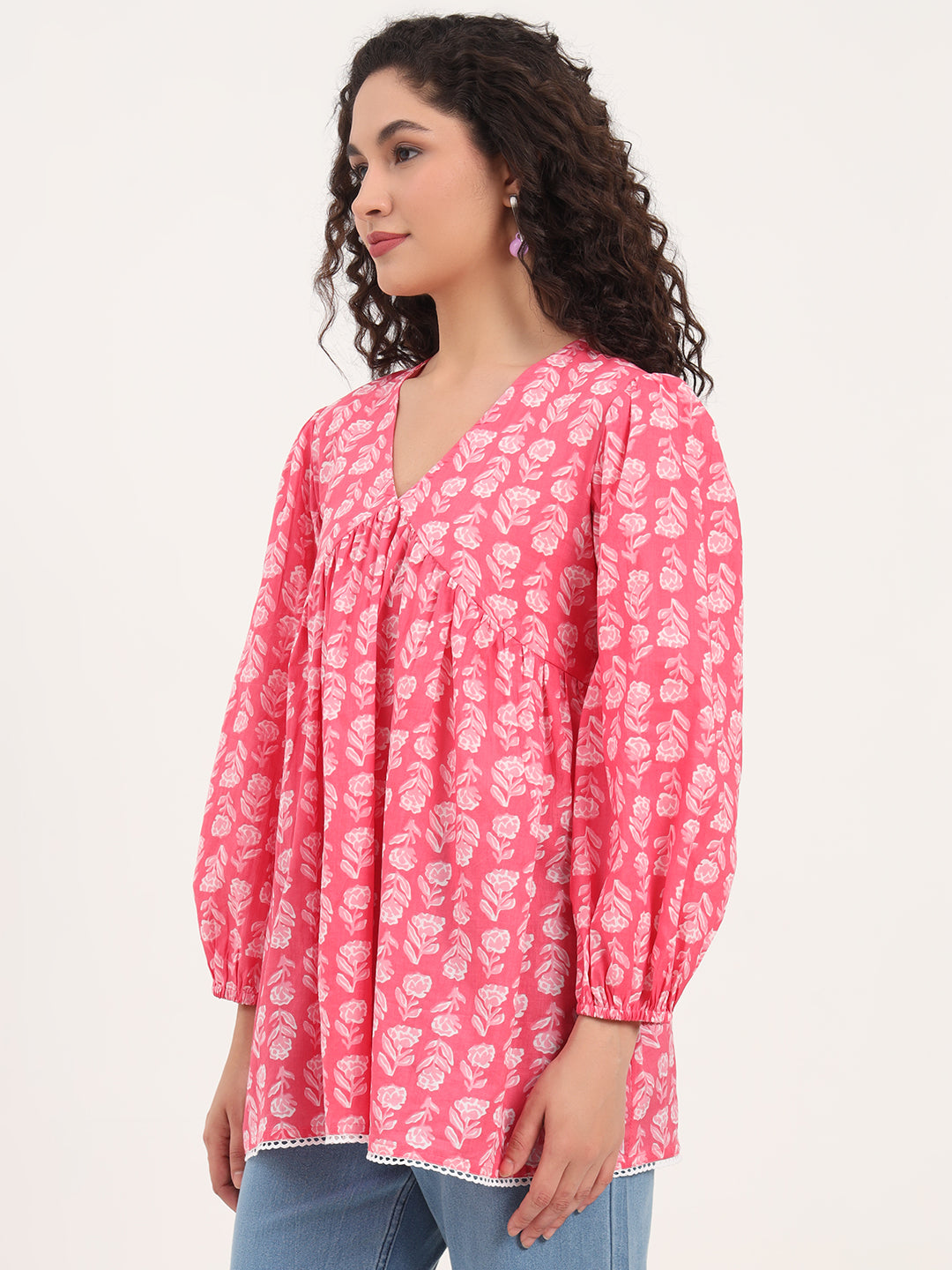 Divena Pink Floral Print Cotton Fabric Regular Peplum Top