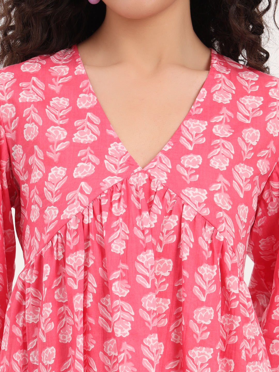 Divena Pink Floral Print Cotton Fabric Regular Peplum Top