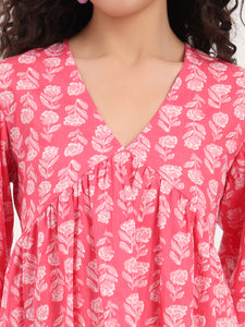 Divena Pink Floral Print Cotton Fabric Regular Peplum Top