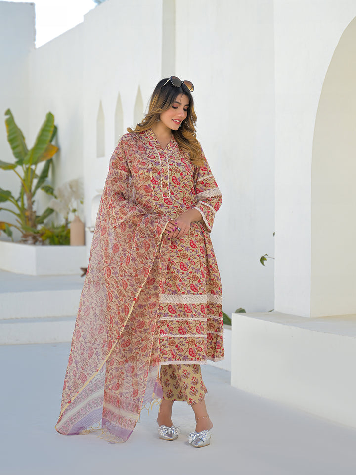 Divena Beige Hand Block Cotton A-Line Kurta Pant Set With Dupatta