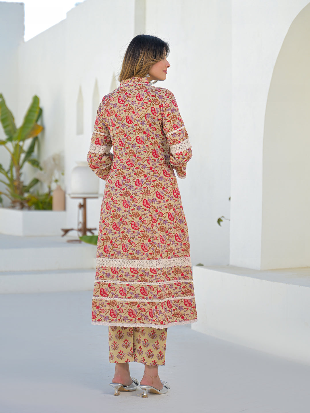 Divena Beige Hand Block Cotton A-Line Kurta Pant Set With Dupatta