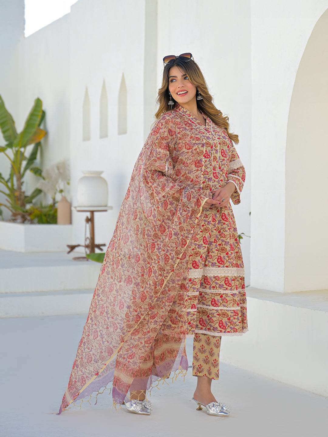 Divena Beige Hand Block Cotton A-Line Kurta Pant Set With Dupatta