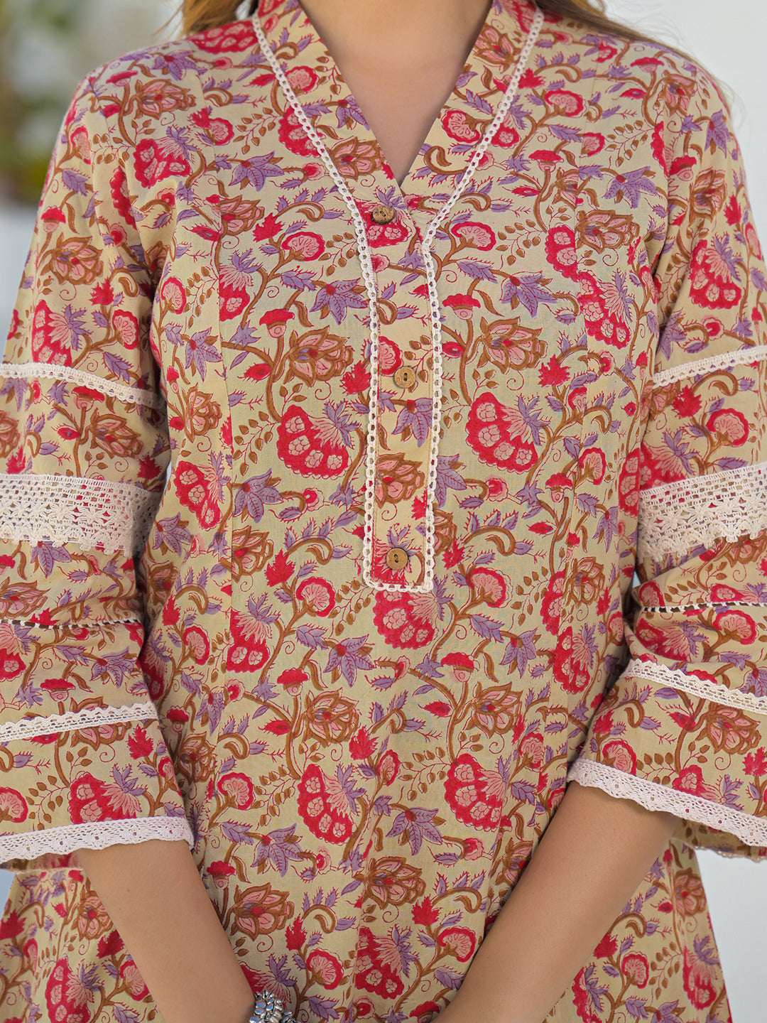 Divena Beige Hand Block Cotton A-Line Kurta Pant Set With Dupatta