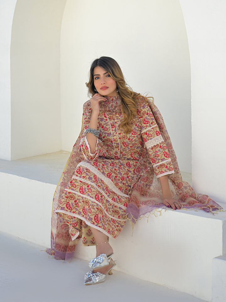 Divena Beige Hand Block Cotton A-Line Kurta Pant Set With Dupatta
