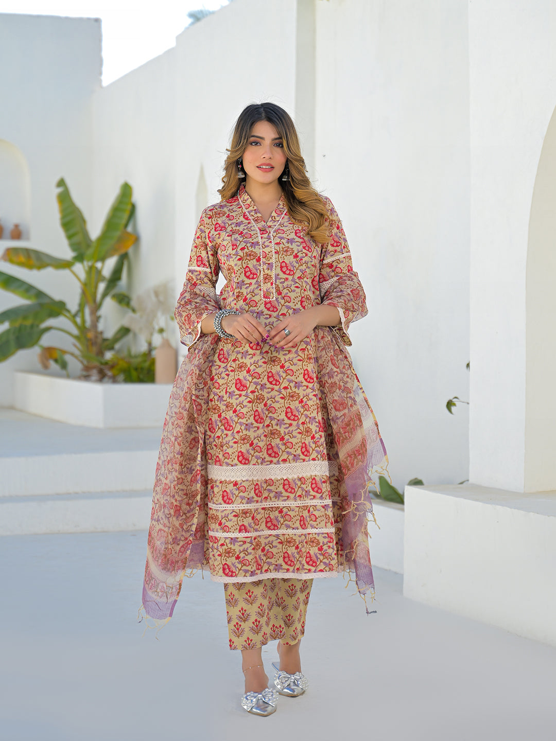 Divena Beige Hand Block Cotton A-Line Kurta Pant Set With Dupatta