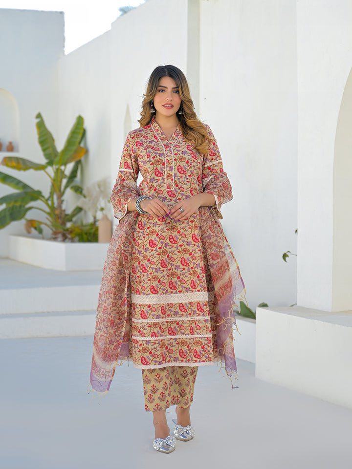 Divena Beige Hand Block Cotton A-Line Kurta Pant Set With Dupatta