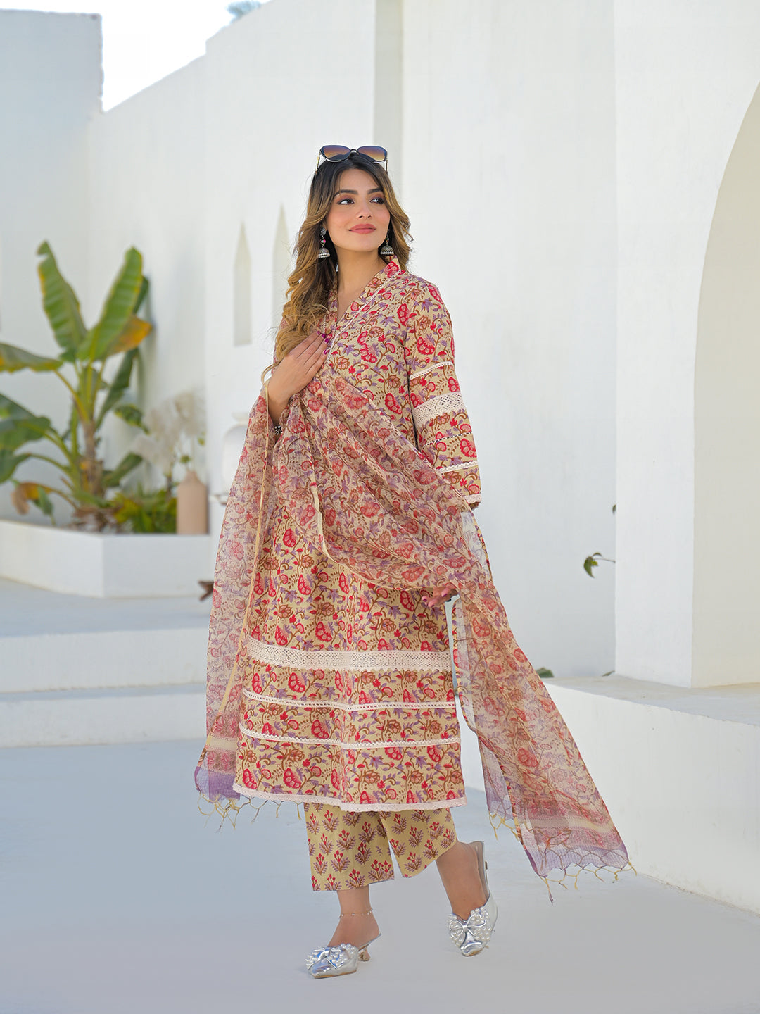 Divena Beige Hand Block Cotton A-Line Kurta Pant Set With Dupatta