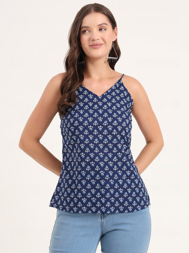 Divena Indigo Printed Cotton Shoulder Strap Top