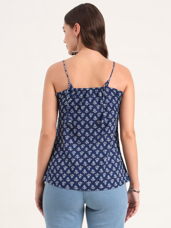 Divena Indigo Printed Cotton Shoulder Strap Top