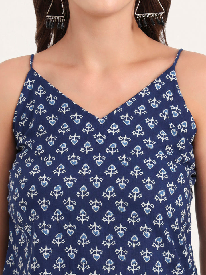 Divena Indigo Printed Cotton Shoulder Strap Top