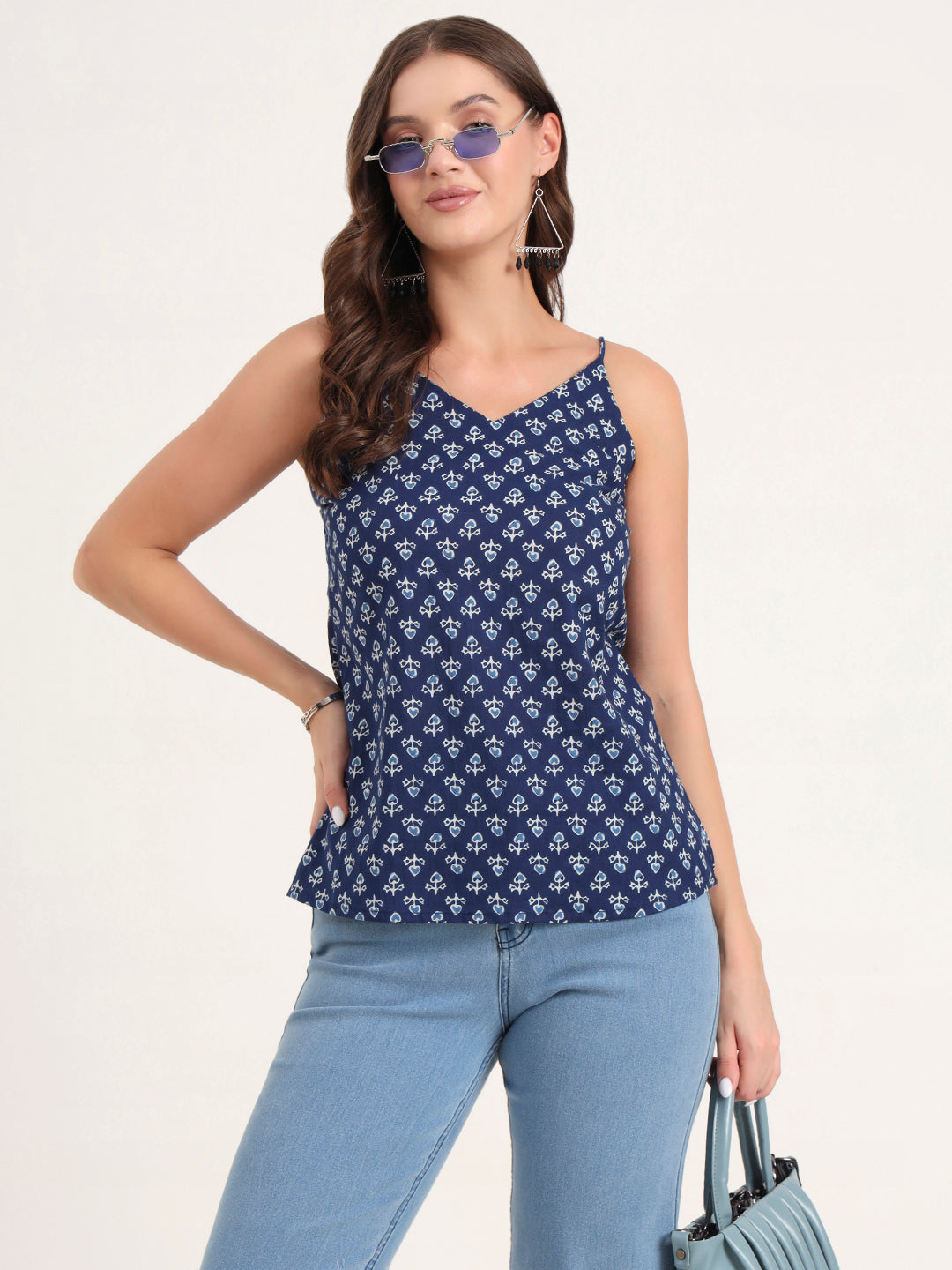 Divena Indigo Printed Cotton Shoulder Strap Top