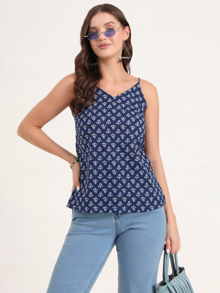 Divena Indigo Printed Cotton Shoulder Strap Top