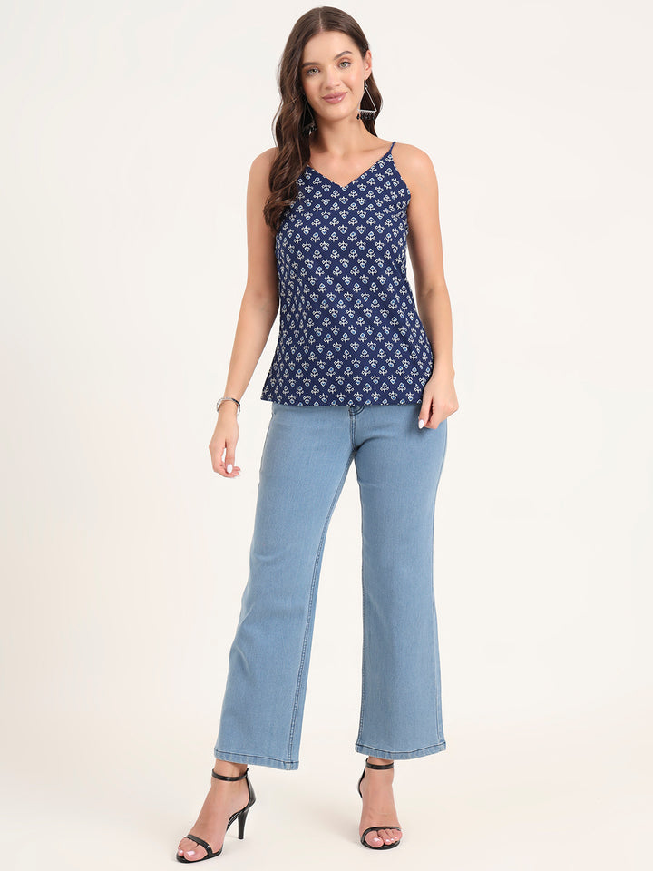 Divena Indigo Printed Cotton Shoulder Strap Top
