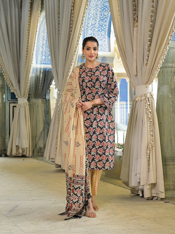 Divena Black Hand Block Cotton Straight Kurta Pant With Dupatta