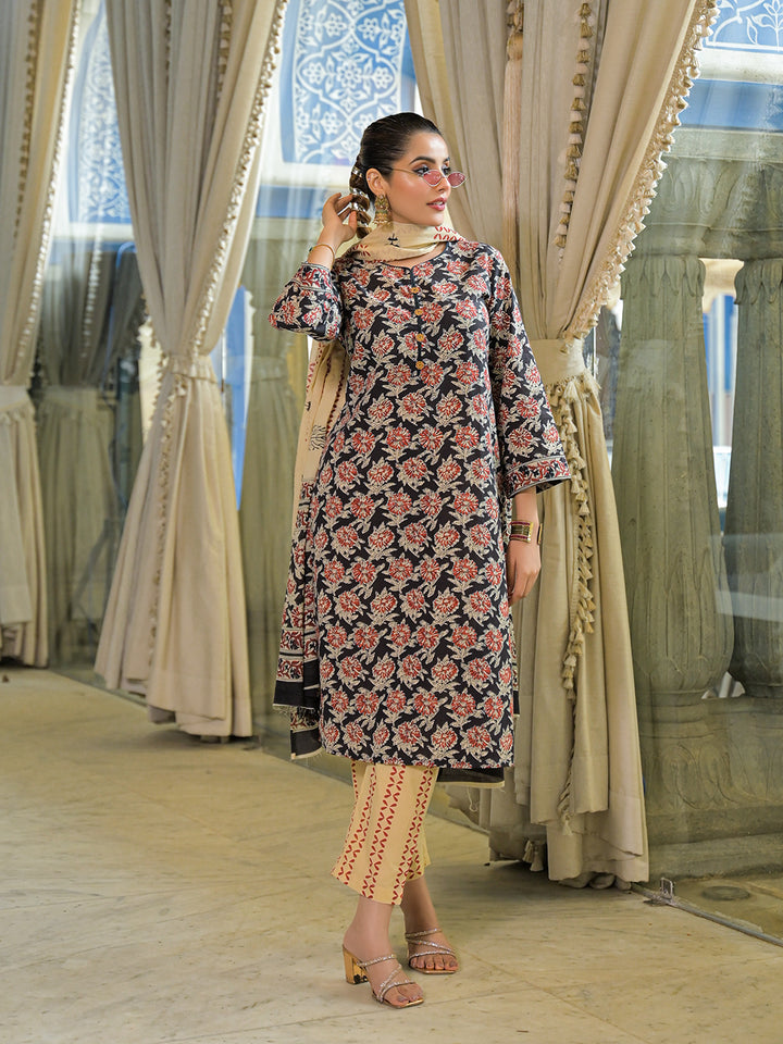 Divena Black Hand Block Cotton Straight Kurta Pant With Dupatta