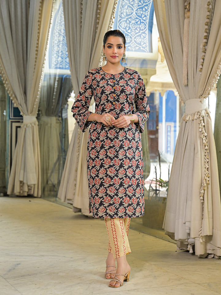 Divena Black Hand Block Cotton Straight Kurta Pant With Dupatta