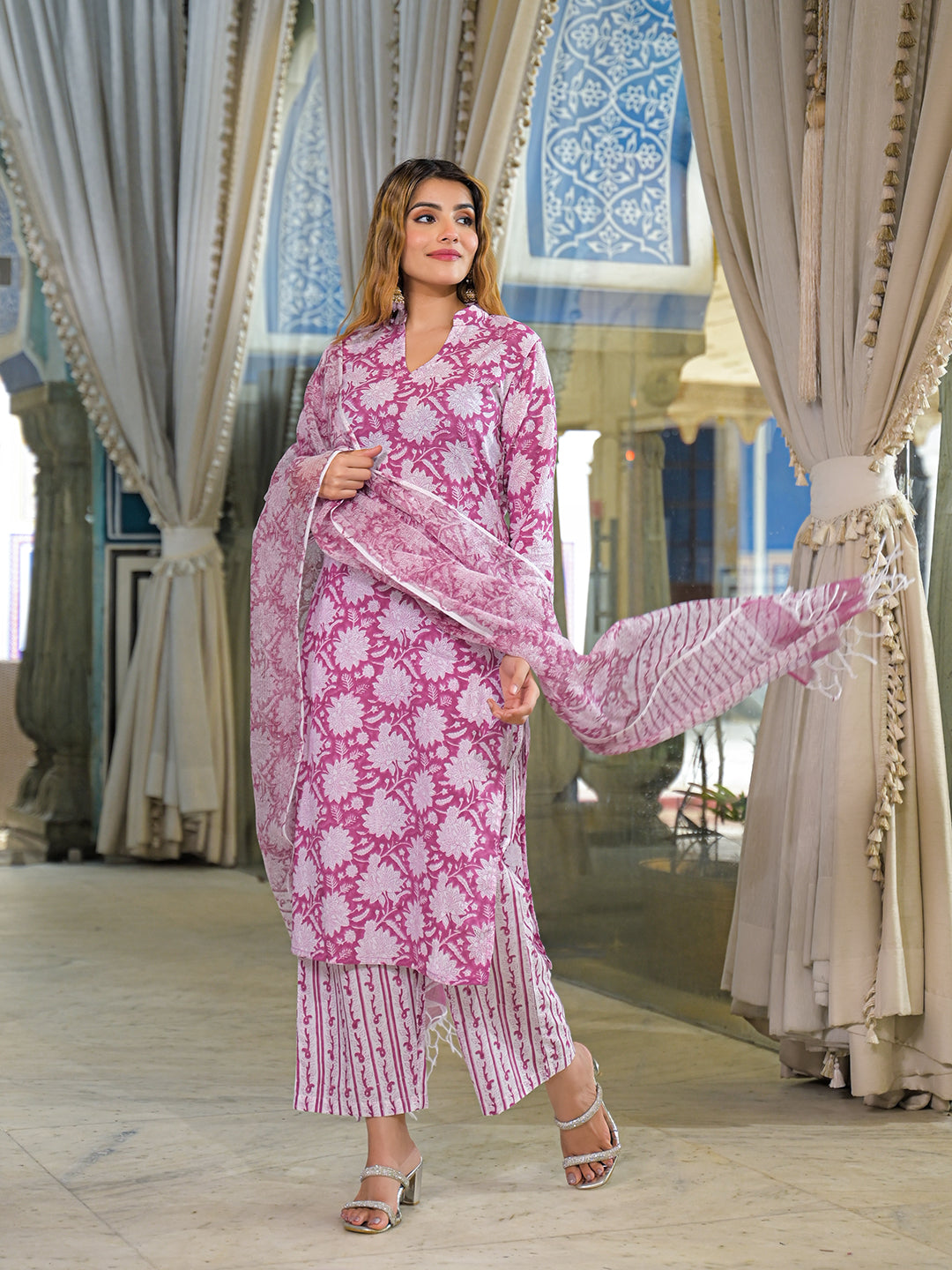 Divena Pink Hand Block Cotton Straight Kurta Pant With Dupatta
