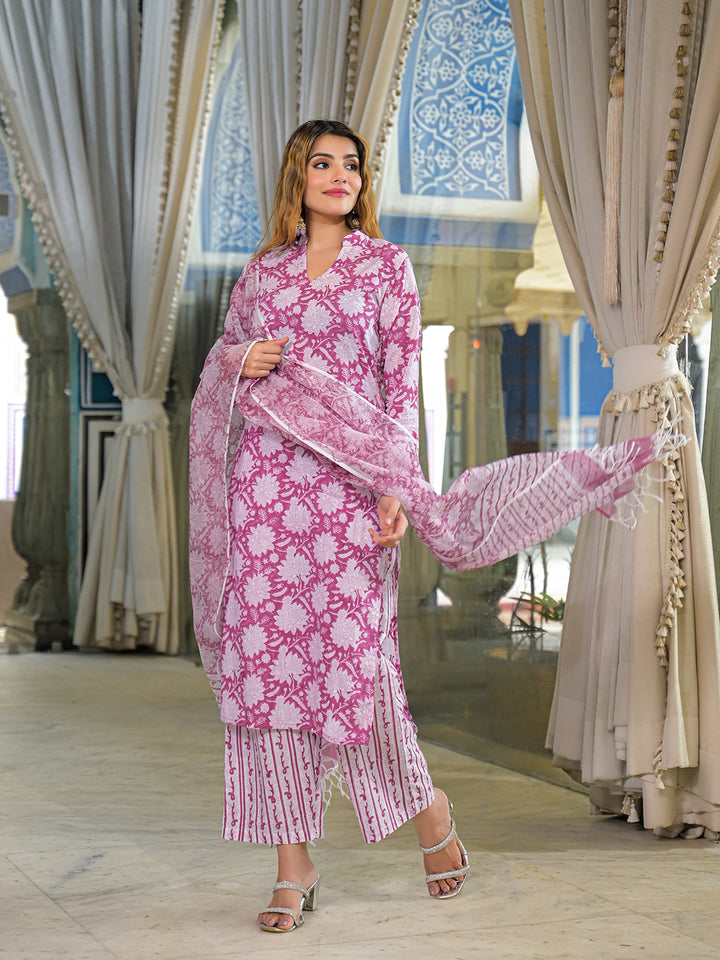 Divena Pink Hand Block Cotton Straight Kurta Pant With Dupatta