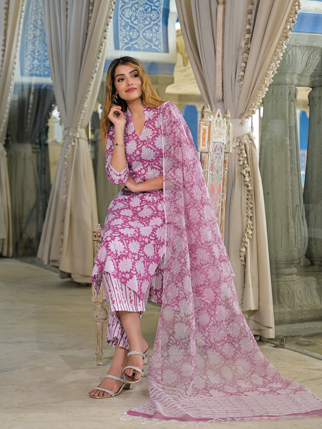 Divena Pink Hand Block Cotton Straight Kurta Pant With Dupatta