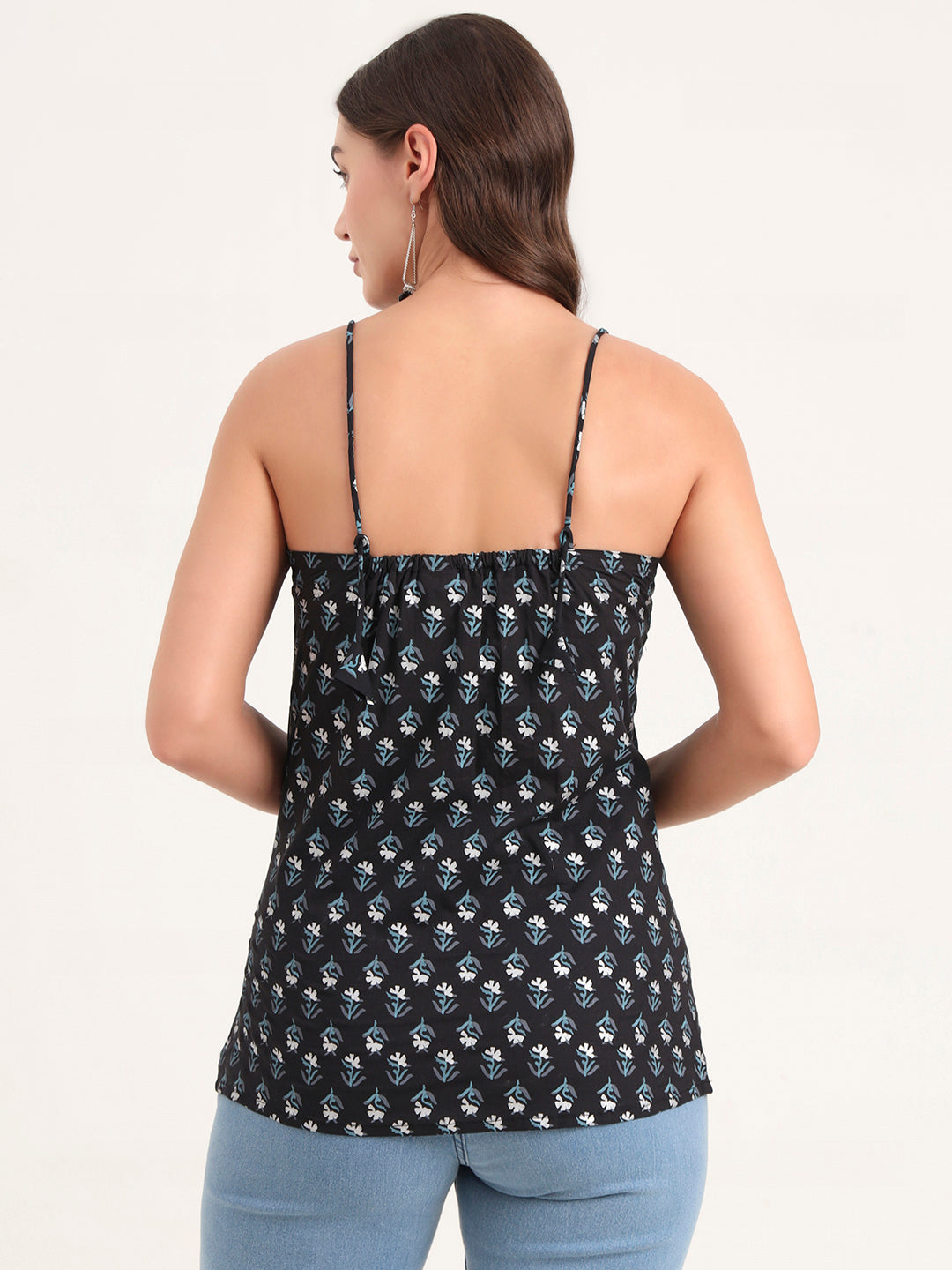 Divena Black Printed Cotton Shoulder Strap Top