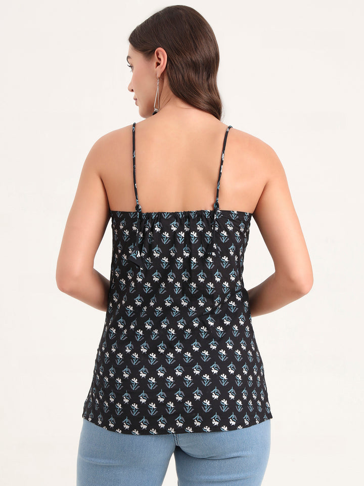 Divena Black Printed Cotton Shoulder Strap Top