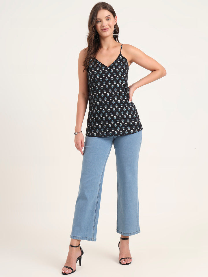 Divena Black Printed Cotton Shoulder Strap Top