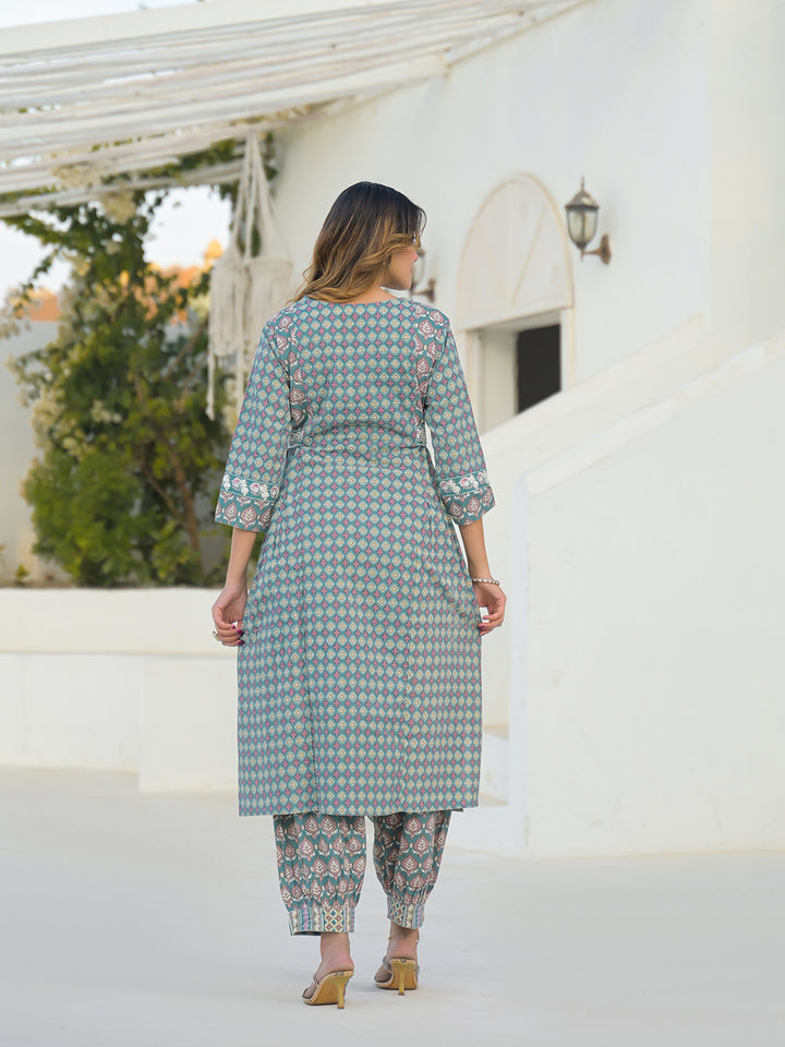 Divena Turquoise Blue A-Line Cotton Kurta Pant Set With Dupatta
