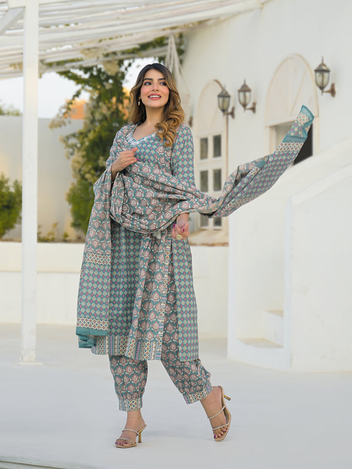 Divena Turquoise Blue A-Line Cotton Kurta Pant Set With Dupatta
