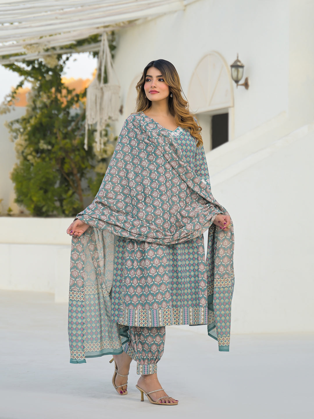 Divena Turquoise Blue A-Line Cotton Kurta Pant Set With Dupatta