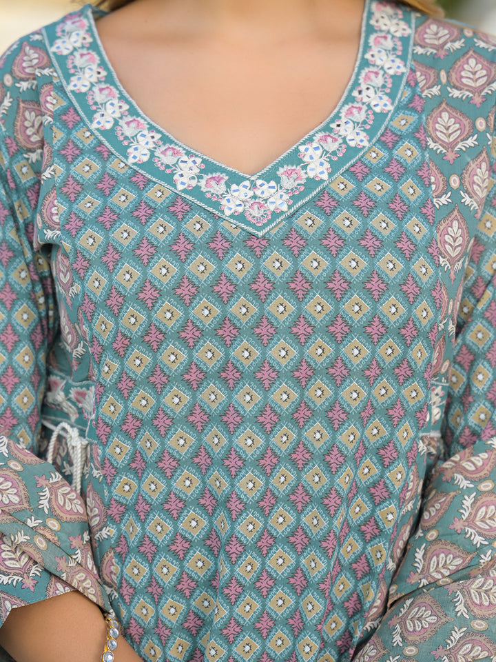 Divena Turquoise Blue A-Line Cotton Kurta Pant Set With Dupatta