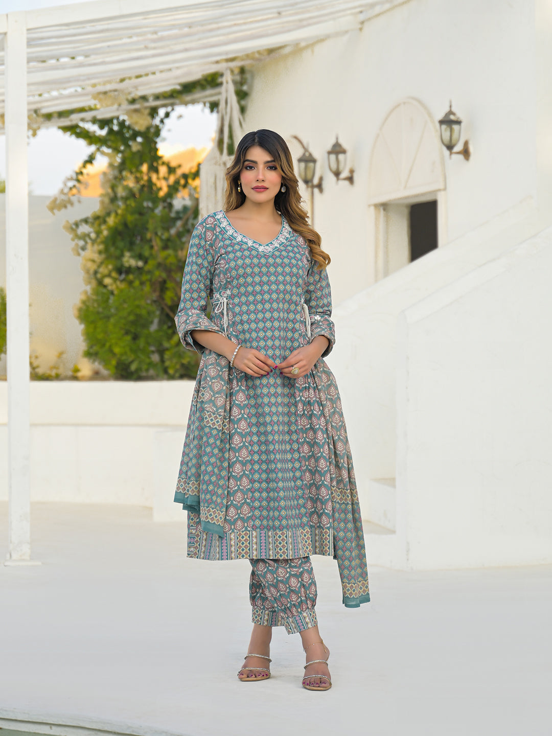 Divena Turquoise Blue A-Line Cotton Kurta Pant Set With Dupatta