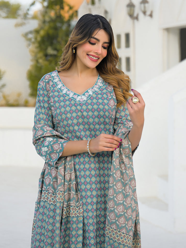 Divena Turquoise Blue A-Line Cotton Kurta Pant Set With Dupatta
