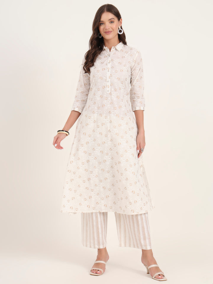 Divena White Floral Printed Cotton Kurta Pant Sets