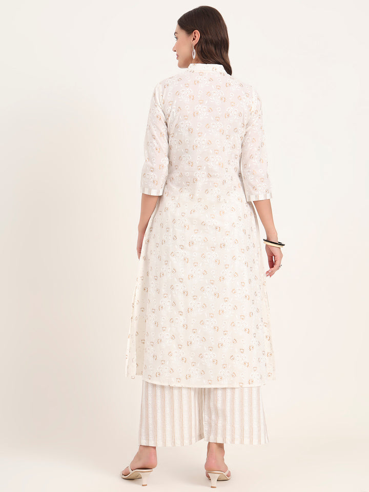 Divena White Floral Printed Cotton Kurta Pant Sets