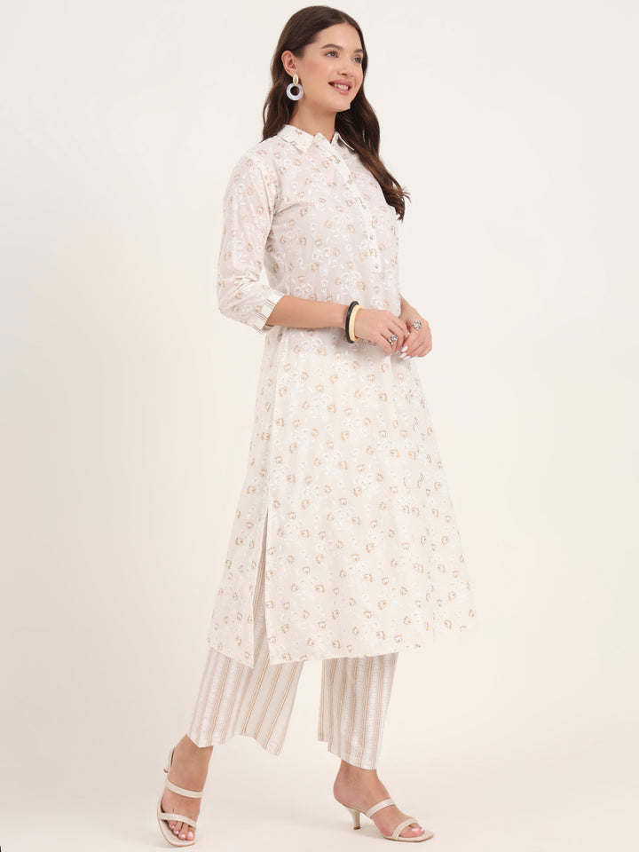 Divena White Floral Printed Cotton Kurta Pant Sets